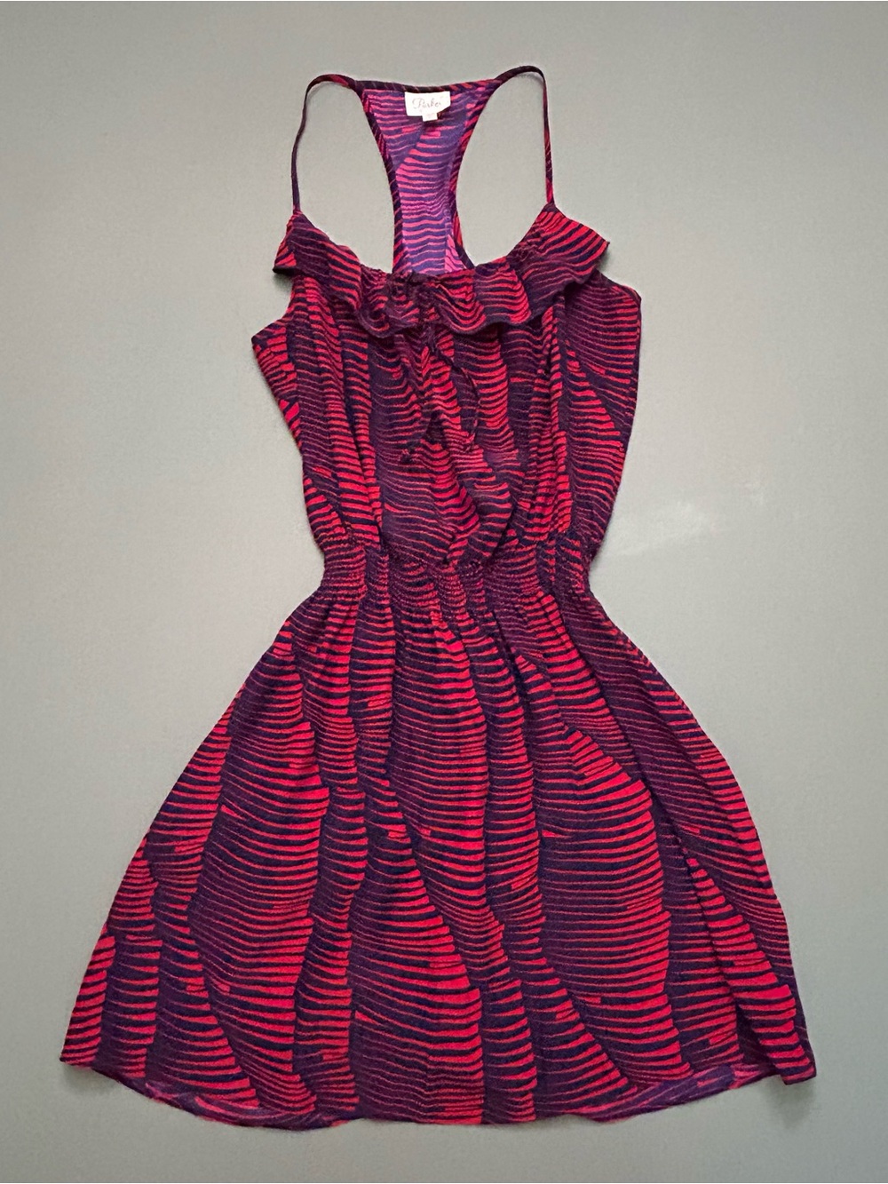 Parker 100% Silk Red & Navy Striped Tie Ruffle Neck Racerback Dress